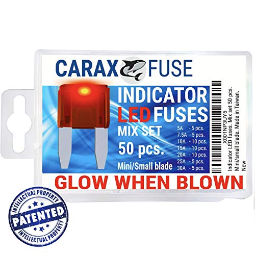 CARAX Glow Fuse  MINI Blade  50 pcs. Assortment Kit  Glow When Blown LED Automotive Fuse  Smart Glow Fuse Easy Identification  MIX 50 pcs.
