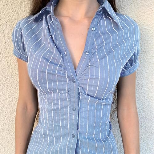 Image of Y2k Girls Vintage Coquette Button Down Shirt Women Short Sleeve V-Neck Slim Fitted T-Shirt Cute Blouse Crop Top