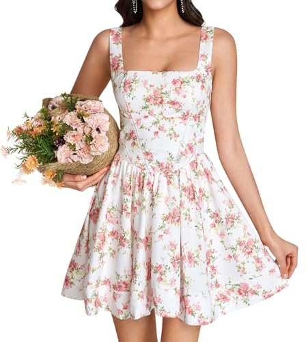 KUTUMAI Floral Corset Mini Dress Square Neck Flowy A Line
