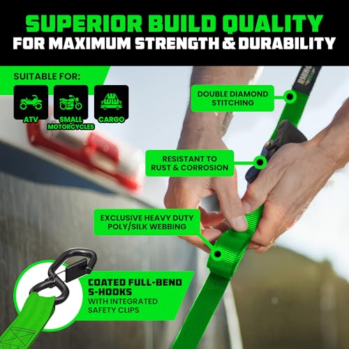 Image of Rhino USA Retractable Ratchet Straps (2-Pack) - 1 Inch x 10 Feet (1,209lb Break Strength) - Auto Self Retracting Tie Down Straps for Truck, Cargo Trailer, Motorcycle, ATV, UTV - Green