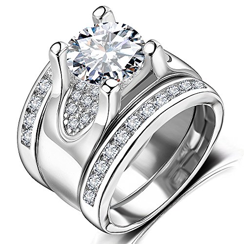 3 PCS Round Cut CZ Bridal Sets - 5.56 Ct Cubic Zirconia Silver Color Promise Engagement Wedding Rings Set for Women4