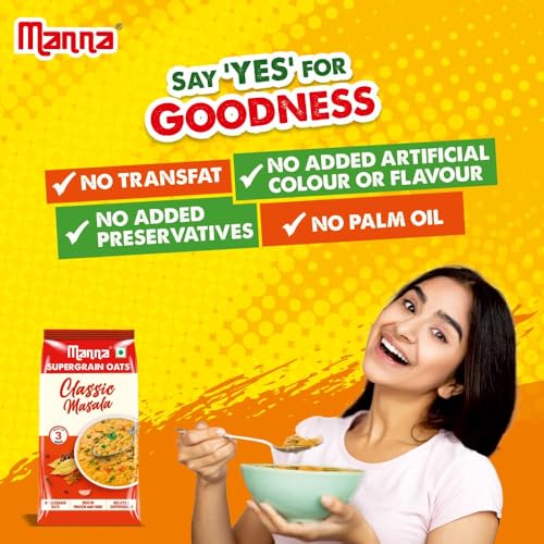 Image of Manna Masala Oats, Classic Masala, Rich in Protein and Fibre, No palm oil, color or preservatives. 450g (pack of 1)