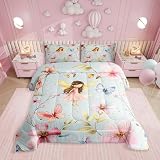 Erosebridal Juego de edredón de hada floral, juego de ropa de cama de jardín de hadas de ensueño para niñas y niños, bonito juego de cama de mariposa, decoración de dormitorio de princesa rosa, 1