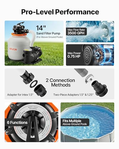 Image of VEVOR FlashPure Sand Filter Pump, 14 in for Above Ground Pool, 0.75 HP 3500 GPH, Swimming Pool Filter System with Timer, 6X Faster Filtration, Media Installed, Leak-Resistant, Ready to Use Out of Box | for Above Ground Pool, 3500 GPH Flow, 6X Faster Filtration, Leak-Resistant, Media Included Easy Installation, 24-Hour Timer
