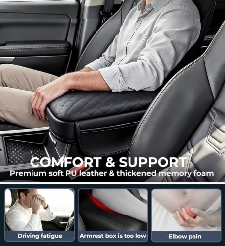 Image of Center Console Cover for Nissan Frontier 2026 2025 2024 2023 2022, 1.2-Inch Thick PU Leather Middle Armrest Cushion Protector Pad with 2 Side Pockets for 2022-2026 Frontier, Black