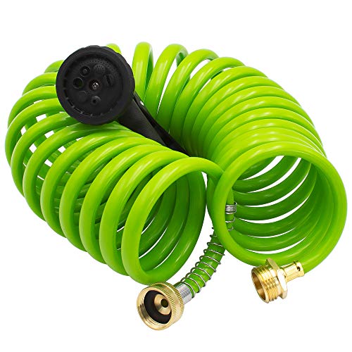 Image of AUTOMAN EVA Recoil Garden Hose 25ft - Includes 7 Pattern Spray Nozzle,Curly Water Hose 25 Foot,Watering Hose Coil,Retractable,Corrosion Resistant Garden Coil Hose.Green