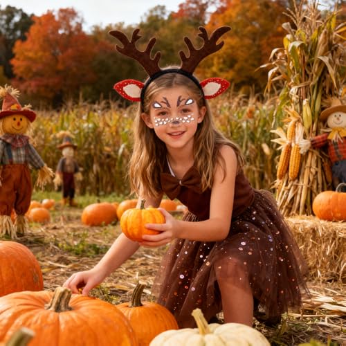 Afenau Costume de renne 5 en 1 pour enfant fille avec jupe en tulle marron - Costume de cerf pour fille - Costume de cerf - Costume de faon - Pour carnaval, cosplay, fête à thème (9-12 ans) – vue 5
