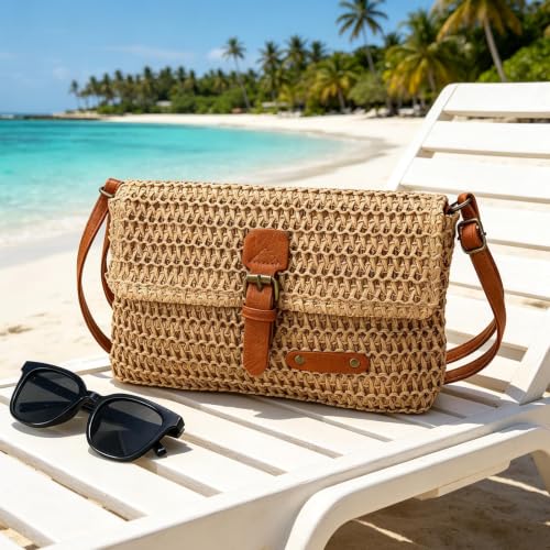Image of Straw Bag Beach Purse Summer Purses for Women Vacation Handbags Woven Crossbody Bags Straw Shoulder Bag