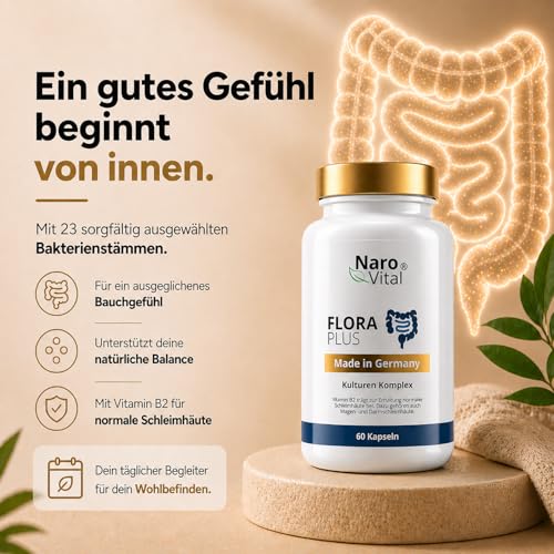 Flora Plus - Darmkur* Probio Kulturen Komplex mit 23 Bakterienstämmen & 600 Mrd. KbE, OHNE Inulin & OHNE künstliche Probiotika I 60 magensaftresistente & vegane Kapseln mit Lactobacillus Salivarius