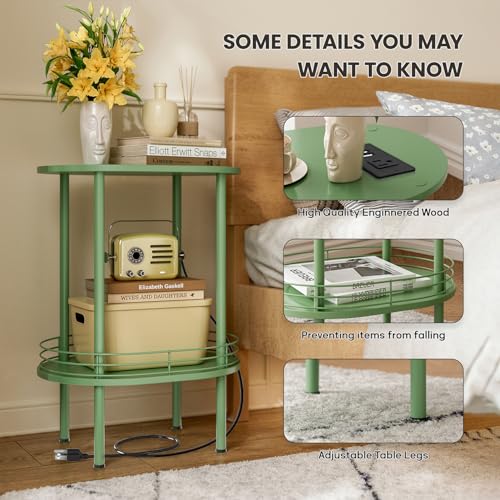 Image of Small Oval Side Table with Charging Station, 2-Tier Green Round End Table | Narrow Nightstand with USB Ports and Outlets, Bedside Table for Small Space - Living Room, Bedroom, Nursery,(1PC,Green)