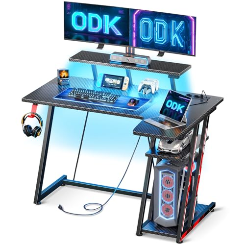 ODK Stolik gamingowy z oświetleniem LED i gniazdkami, biurko gamingowe ...