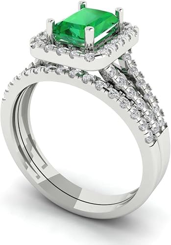 Miniatura 2 de Clara Pucci Juego de anillos de boda de 1,7 quilates con halo de corte esmeralda genuina de imitación de diseño Art Deco de oro blanco de 18 quilates