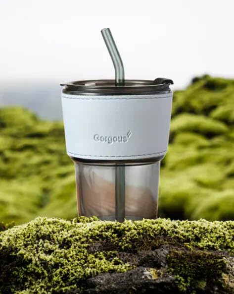 Image of Gorgeous Glass Coffee Mug with Straw and Lid, 450 ml - (Blue)