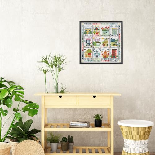 Image of FREEBLOSS 11CT Cross Stitch Kit Stamped Cross Stitch Craft Kit with Stitching Guide for Beginners Monthly House Embroidery Set Crossstitch Wall Hanging Set 17.7x17.7inch