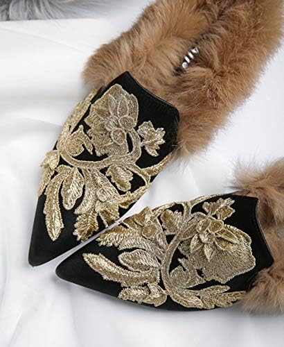 Fericzot Slip On Loafers Womens Embroidery Mule Shoes with Plush Lamb Fur Velvet Slippers Backless Pointed Toe Mule Slides Black Satin-Slipper 8.5 | Image 2