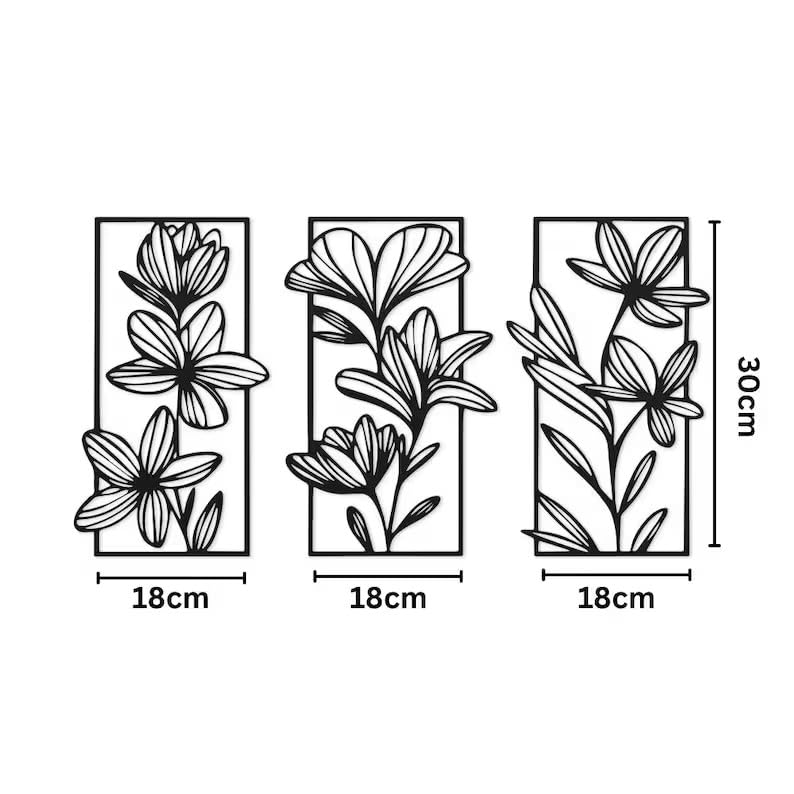 Image of Set of 3 Black Floral woodan Metal Wall Art - 30x18cm Each - Modern Botanical Decor for Bedroom, Dining Room, Hallway or Office - Great Gift