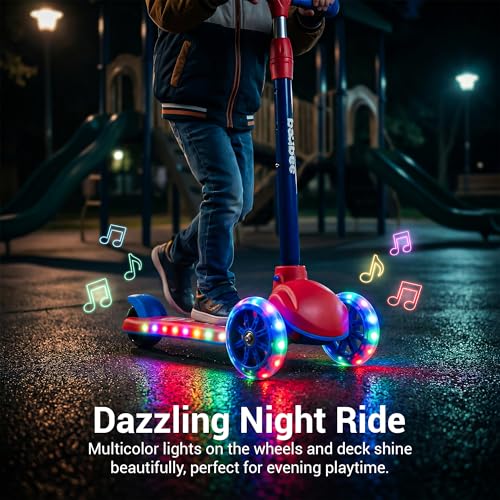 Image of Baybee Rydon Kids Scooter with 3 Height Adjustments | Portable Kick Scooter with PU LED Lights & Rear Brake | 3 Wheel Skating Scooter | Runner Scooter for Kids 2 to 10 Years Boys Girls (RED)