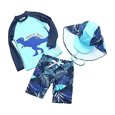 CJMJXPH Baby Toddler Boys Kids 3-Piece Swimsuit Set Swimwear Dinosaur Bathing Suit Rash Guards with Hat UPF 50+ Blue Dinosaur, 18-24 Months Cover