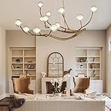Modern 12-Light Branch Chandelier, Rustic Wood & Glass Globe Pendant Light with Adjustable Chain, Warm LED for Dining Room, Living Room, Foyer, 110V