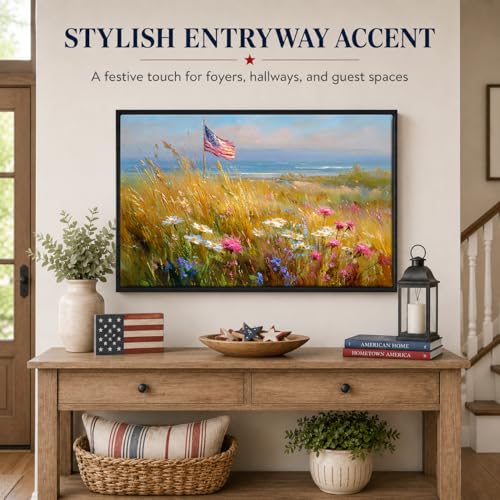 Image of American Flag Framed Canvas Wall Art, 4th of July Floral Canvas Prints, Wildflower Landscape Patriotic Decorations, Vintage Rustic Independence Day Wall Decor for Bedroom Living Room Office 24x32