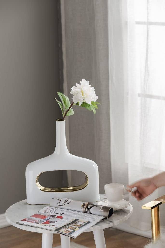 T2 Concept 11.5" x 13" Square White & Gold Vase, Cut-Out, Open, Long Neck, for Tabletop or Shelf Display, Bedroom, Bathroom, Office