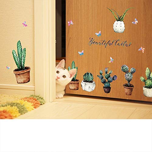 16Pcs Diy Removable Cactus Green Plants Art Mural Waterproof Cacti Flower Butterfly Wall Stickers Children Room Decor Cactus Festival Decal Sticker #TOP6