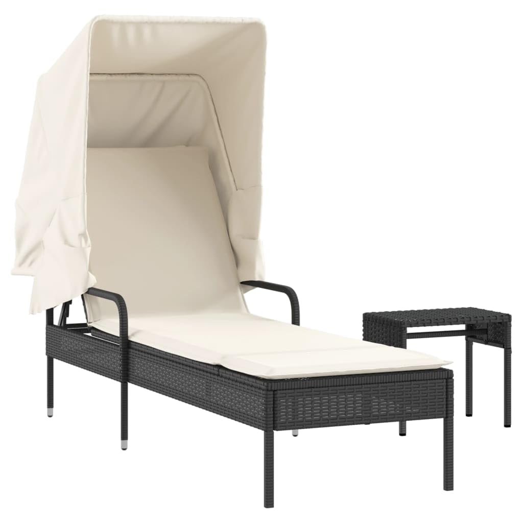 Lettino prendisole con tettuccio parasole estensibile e tavolino da tè, in rattan sintetico, schienale regolabile in 4 posizioni, cuscino spesso imbottito, portata fino a 110 kg