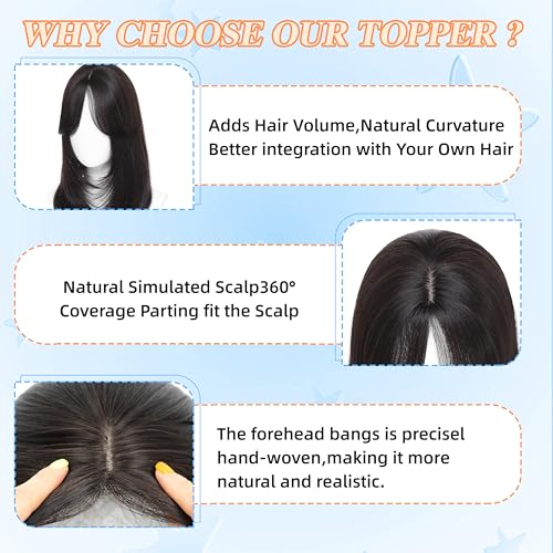 Image of Synthetic Hair Topper with Bangs 18 Inch Layered Toppers for Women with Thinning Hair 5.5 inch x 5 inch hand Tied Forehead Hairline 360 3D Cover Wispy Synthetic Toppers Hair for Women Fiber Wiglets