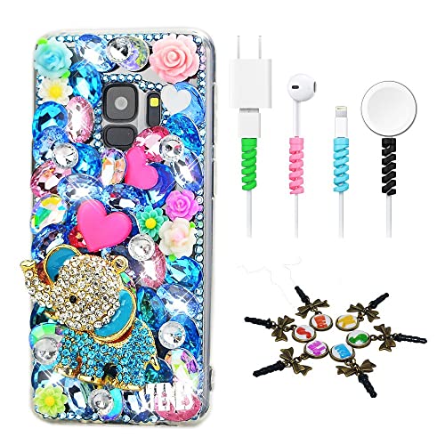 STENES Sparkle Case Compatible with Samsung Galaxy Note 3 - Stylish - 3D Handmade Bling Sweetheart Elephant Flowers Design Cover Case with Cable Protector [4 Pack] - Blue