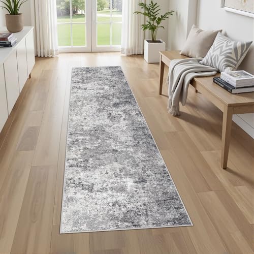 2X8 Washable Runner Rug for Hallway: Soft Neutral Modern Abstract Area Rug - Non-Slip Low Pile Long Throw Indoor Carpet for Kitchen Entryway Kitchen Bedroom Laundry - Grey