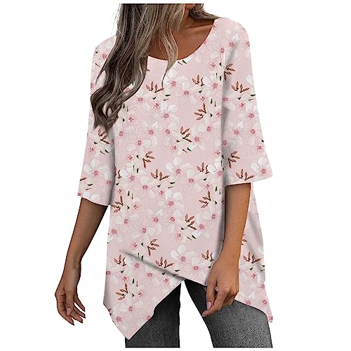 Shirt 3/4 Arm Damen Halbarm Blusen Rundhals Sommermode T-Shirt Leicht Und Luftig 3/4 Arm Blusen Shirt Mit Minimal Blumen Print Lose Stretch Casual Oberteil Basic Tops Tshirt