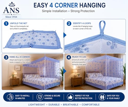 Image of ANS Hanging Mosquito Net for Single Bed, Sky Blue Floral Print with Cotton Border, Breathable Free Air Flow Fine Mesh, Washable Bed Mosquito Net, Insect Protection Net, 4 x 6.5 ft, Height 5 ft