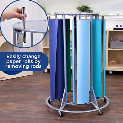 Children’s Factory Mobile Butcher Paper Dispenser, 5-Roll Paper Rack Holder for Classroom, Arts and Crafts, Desk Protection, Easy-Glide Pegs, and Safety Blades