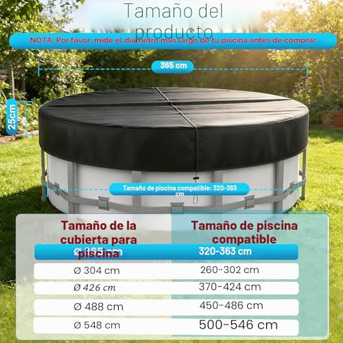 Miniatura 2 de Cubierta Para Piscina Redonda Ø365, Para Piscinas Ø320-363 Cm, Lona Para Piscina Con Cordón Y Estacas, Oxford Lona Piscina Con Protección Uv, Hermética Al Polvo, Para Piscinas Elevadas Y Trampolines