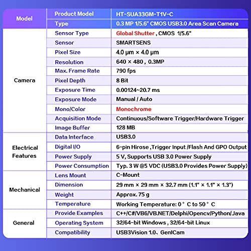 Image of High Speed USB3.0 Machine Vision Industrial Camera 0.3MP Monochrome 790fps | HT-SUA33GM-T Area Scan Sensor 1 /5.6 inch Global Shutter C-Mouth Supports Windows and Linux SDK Resolution 640x480