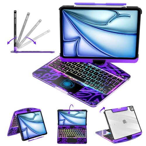 Image of Clear Keyboard Case for iPad Air 11 inch (M3 /M2, 2025 /2024), Air 5th /4th & Pro 11 inch 2022-2018, 360 Swivel with Wireless Bluetooth Multi-Touch Trackpad, 7-Color Backlit, Pencil Holder Purple