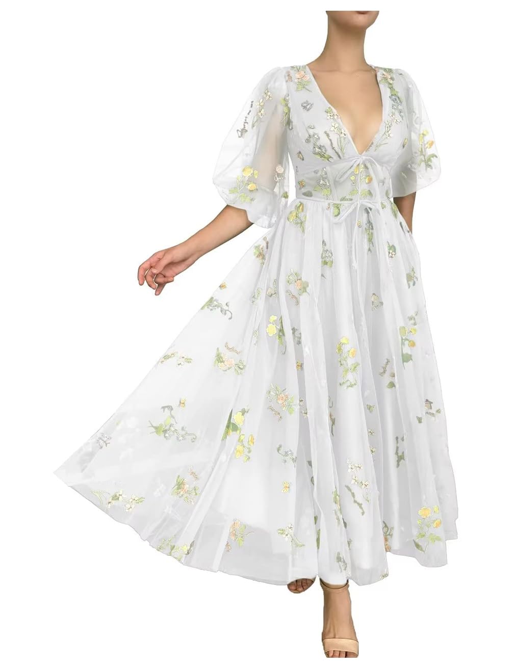 Stillluxury Vestido de fiesta de tul bordado de flores con mangas, vestido de fiesta floral para mujer, ocasiones formales, PM40