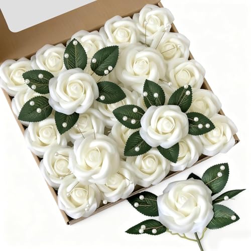 Scofno Artificial Flowers 50pcs Real Touch Ivory Foam Fake Roses