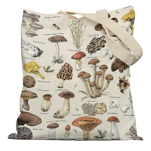 APJYM Cottagecore Mushroom Canvas Tote Bag, Mushroom & Botanical Gifts, Reusable Shopping Bags