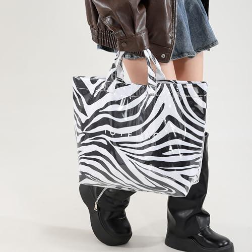 Bolso tote de PVC con estampado de rayas para mujer, grande, ideal para el trabajo, la playa o la piscina, con diseño informal y estampado de letras miniatura 3