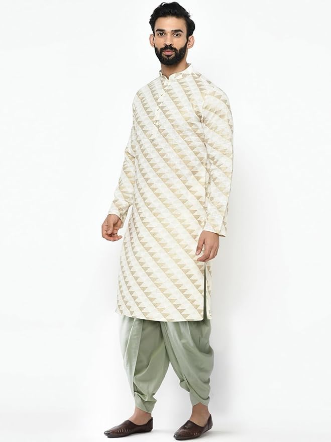 Kisah Men's Kurta, Cream Cotton Blend, Printed Regular Fit Mandarin Collar Long Sleeves (S)