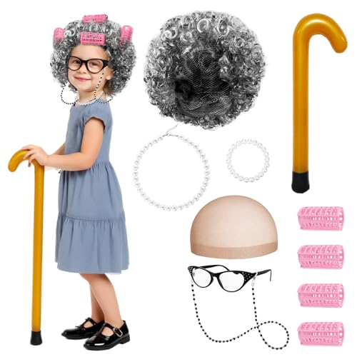 Carreuty 100 Days of School Old Lady Wig Costume for Kids Girl 11 Pcs Gray Grandma Wig Costume for Kids Girls with Necklace Walking Stick Spectacles Hairnet Bracelet Curlers for Halloween Cosplay