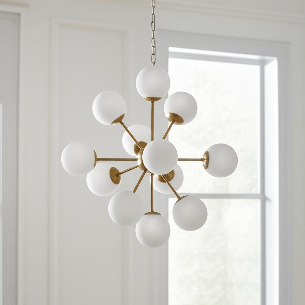 Gold Sputnik 11 Light Frosted Metal & Glass Dimmable Chandelier with White Shades by HomeRoots – Model 611357