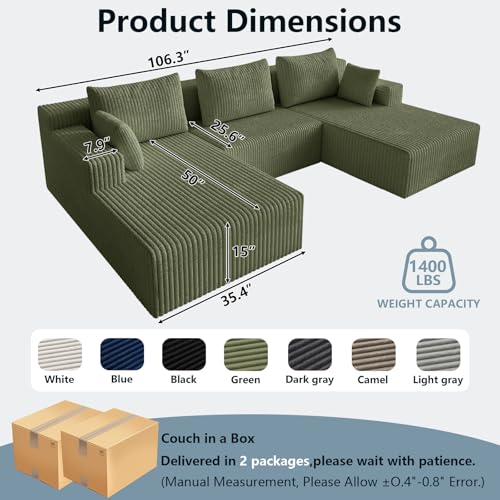 Image of 107 inch W Boneless Cloud Sectional Couch Modular Sofa with Ottoman | Modern U-Shaped Couches, Comfy Corduroy Memory Foam Sofas with Oversized Chaise for Living Room (Green)