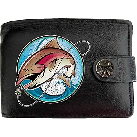 Large Jumping Fish in Circle Anglers Fishermans Image KLASSEK Mens Wallet Real Black Leather RFID Blocking with Coin Pocket and Metal Gift Box Cover