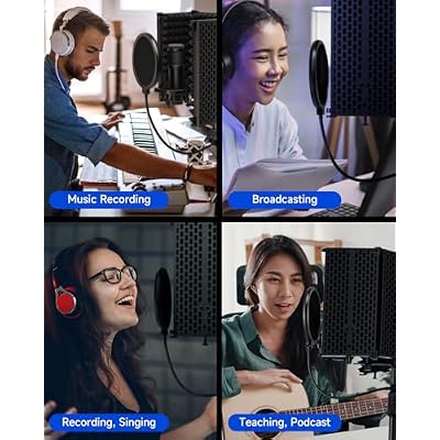 Moukey Microphone Isolation Shield, with Pop Filter& Table Stand, Foldable Mic Shield with Triple Sound Insulation, High Density Mic Sound Shield for Recording Studio, Podcasts, Singing, Broadcasting