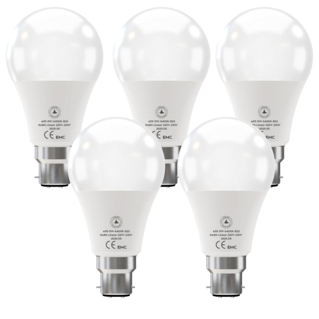 A55 B22 50W Eq Cool White 5W 506Lm Energy Saving Non dimmable Bulb Pack 5