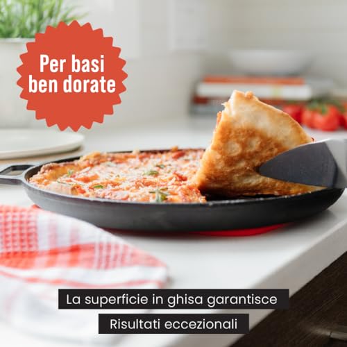 Chef Pomodoro Teglia per Pizza Rotonda in Ghisa Antiaderente da, Teglia Pizza Rotonda con Maniglie, Resiste ad Alte Temperature, Padella Pizza Adatta a Forni, Barbecue, Falò (30 cm) - immagine 6