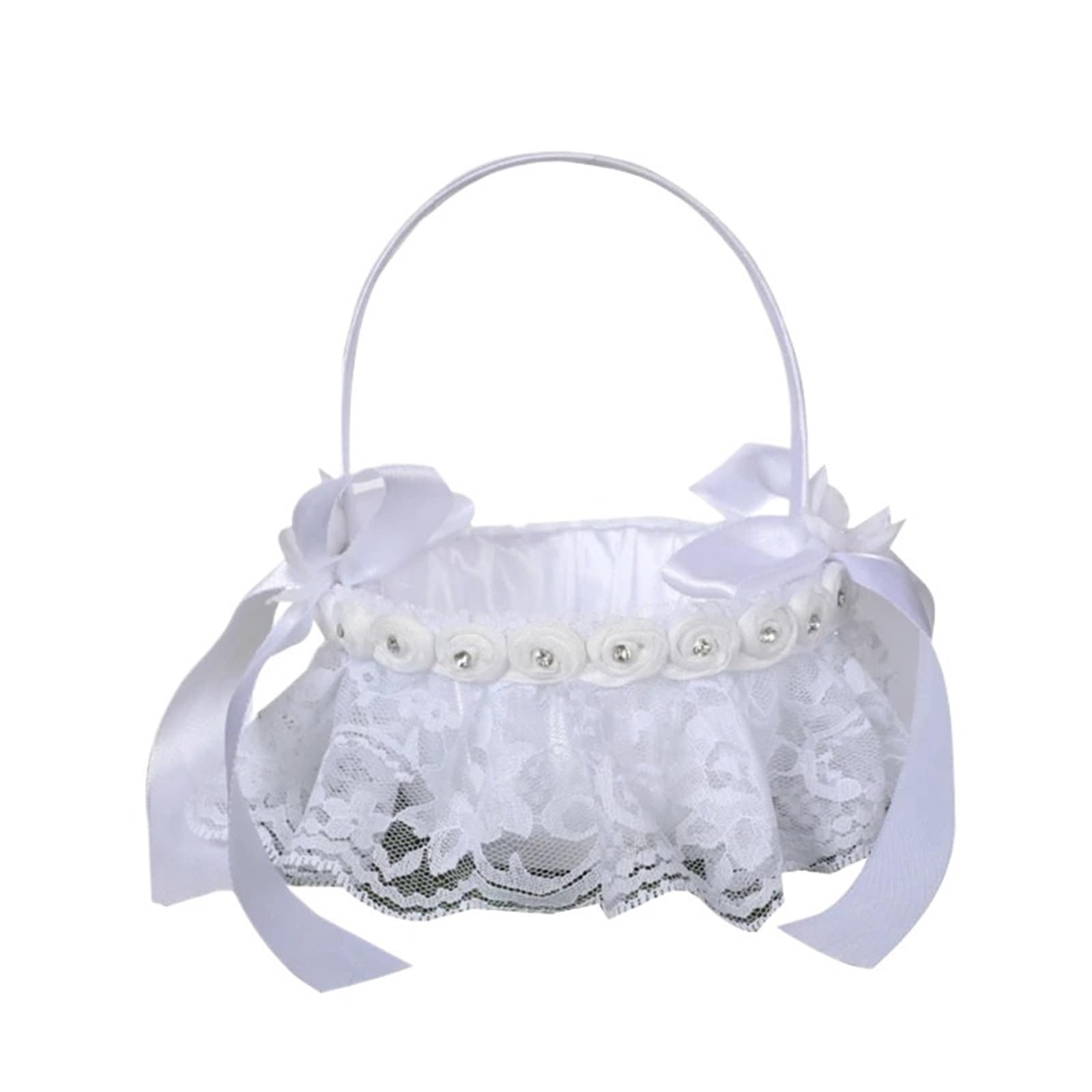 Flower Girl Bow Basket White Satin Lace Faux Flowers