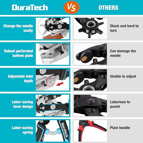 DURATECH Draaibare perforator met 6 verwisselbare stansmaten, ponsgereedschap met liniaal voor leer, riem, stof, papier, kaart, kunststof, tas - Afbeelding 6